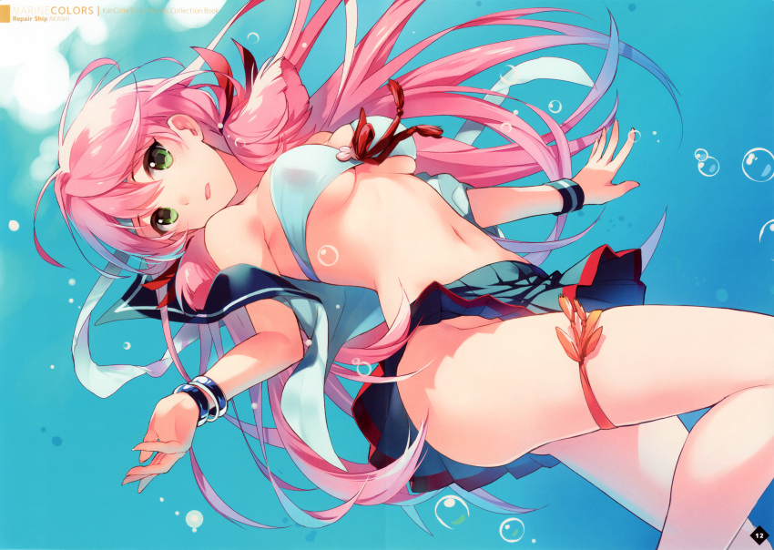 1girl, absurdres, akashi_(kantai_collection), bandeau, bracelet, breasts, front-tie_top, green_eyes