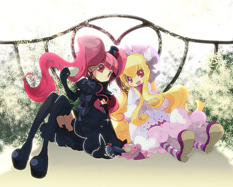 2girls, bioren, blonde_hair, blush, dress, elbow_gloves, gloves, long_hair