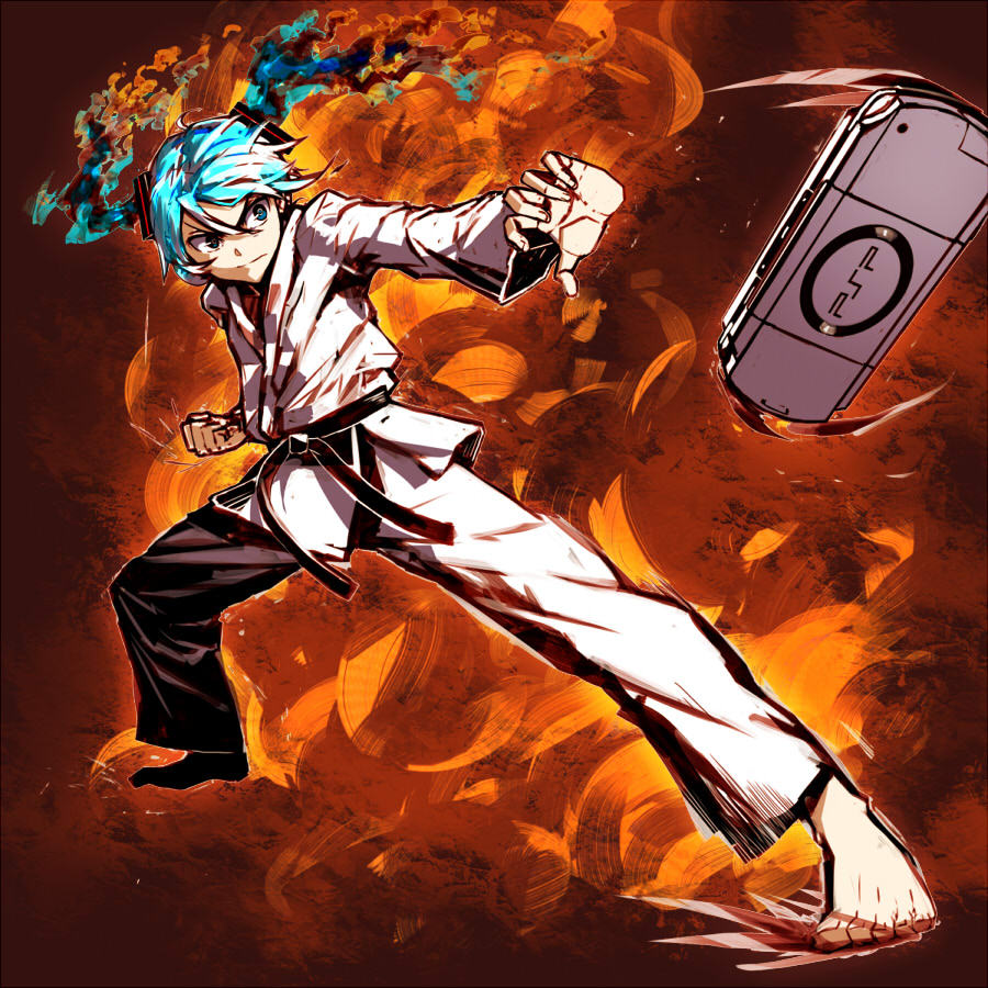 aqua_eyes, aqua_hair, barefoot, dougi, feet, fighting_stance, hands, hatsune_miku, japanese_clothes, kawazu, keikogi, kimono, long_hair, playstation_portable, psp, solo, twintails, vocaloid