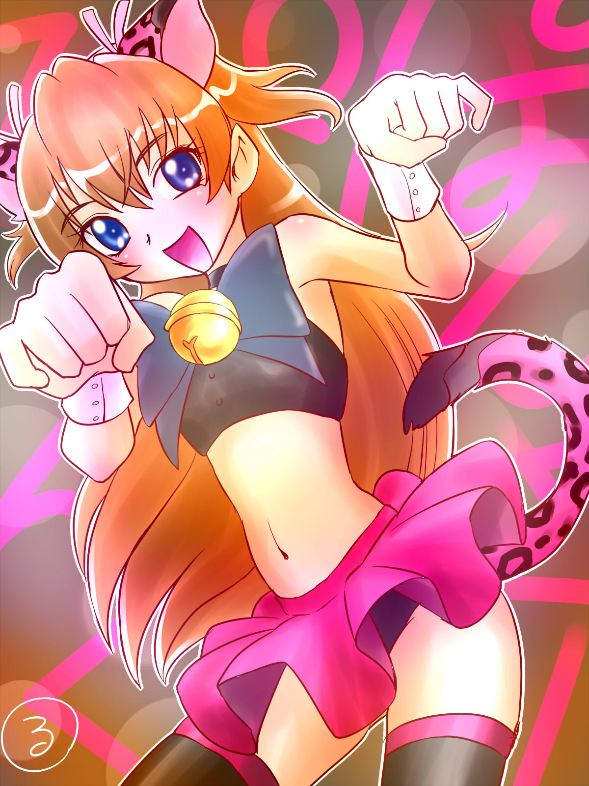 1girl, :d, animal_ears, bell, black_legwear, black_panties, blue_eyes, bow