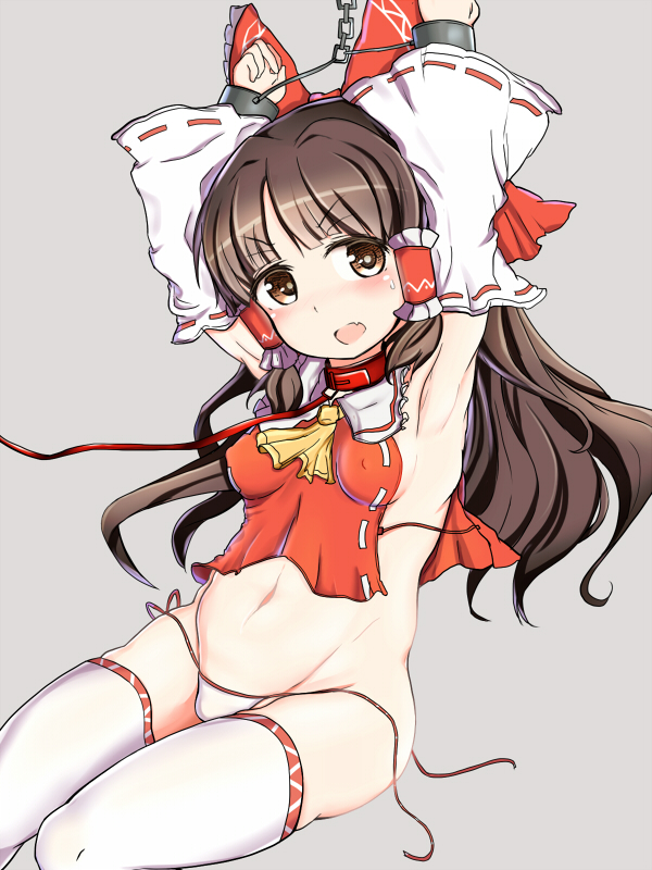 1girl, armpits, arms_up, blush, brown_eyes, brown_hair, cuffs, detached_sleeves