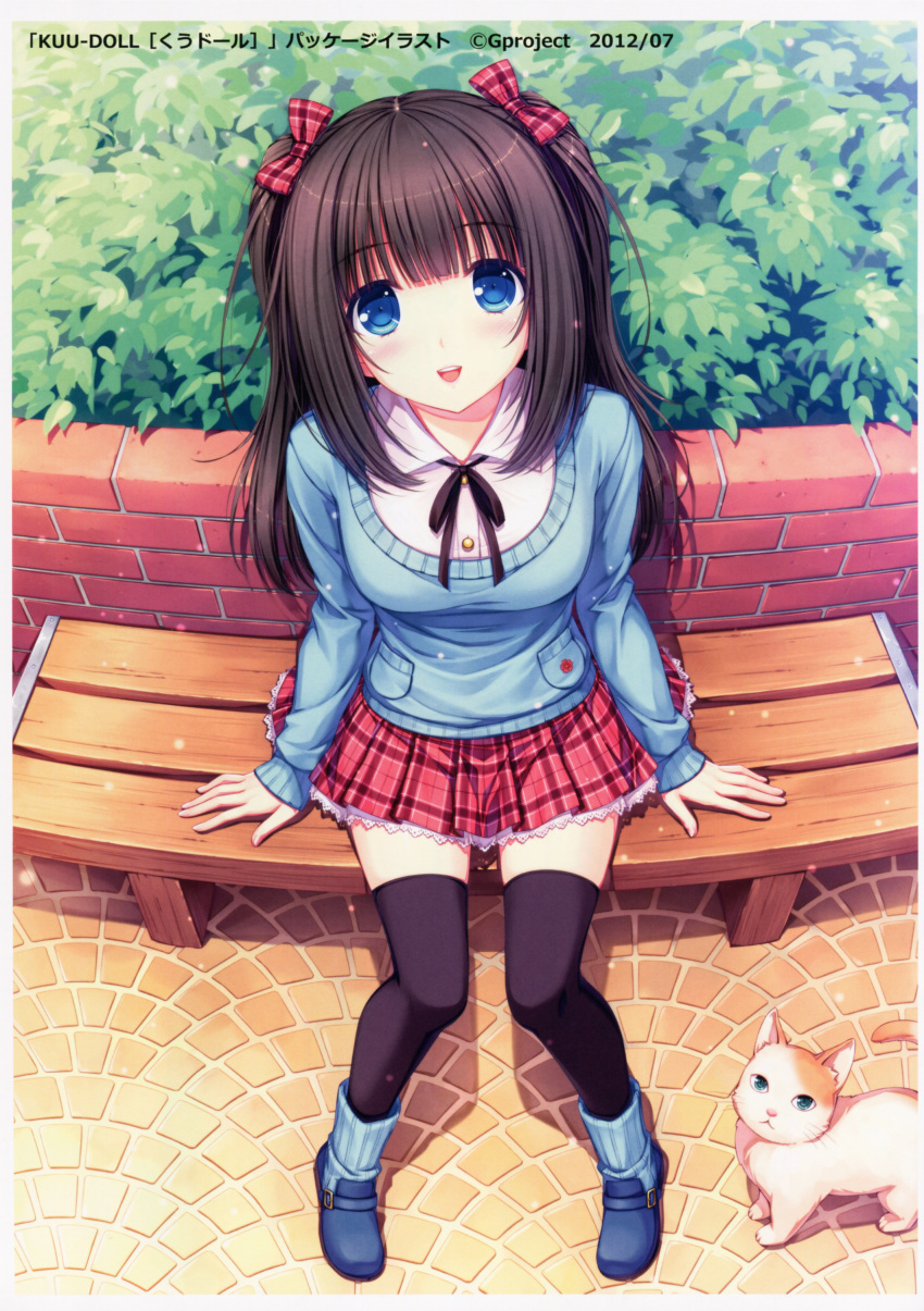 1girl, :d, absurdres, bench, black_legwear, blue_eyes, bow, breasts
