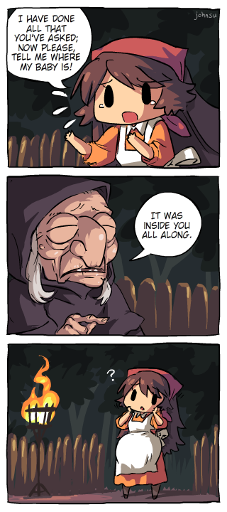 2girls, 3koma, ?, apron, brown_hair, chibi, closed_eyes, comic, english, fence, fire, flying_sweatdrops, head_scarf, john_su, missing_teeth, multiple_girls, old_woman, original, pregnant, robe, signature, solid_oval_eyes, tears, white_hair
