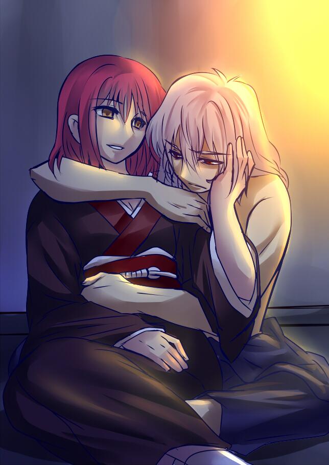 1boy, 1girl, hair_ornament_removed, hand_on_another's_face, hug, hug_from_behind, indian_style, japanese_clothes