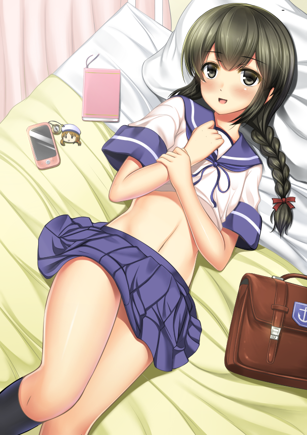 1girl, bag, black_eyes, black_hair, blush, book, braid, cellphone