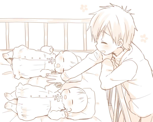 1girl, 2boys, baby, blush, child, closed_eyes, crib, free!