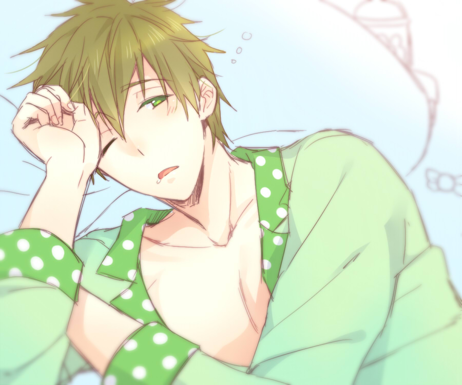 1boy, blush, brown_hair, drooling, free!, funikurikurara, green_eyes, male