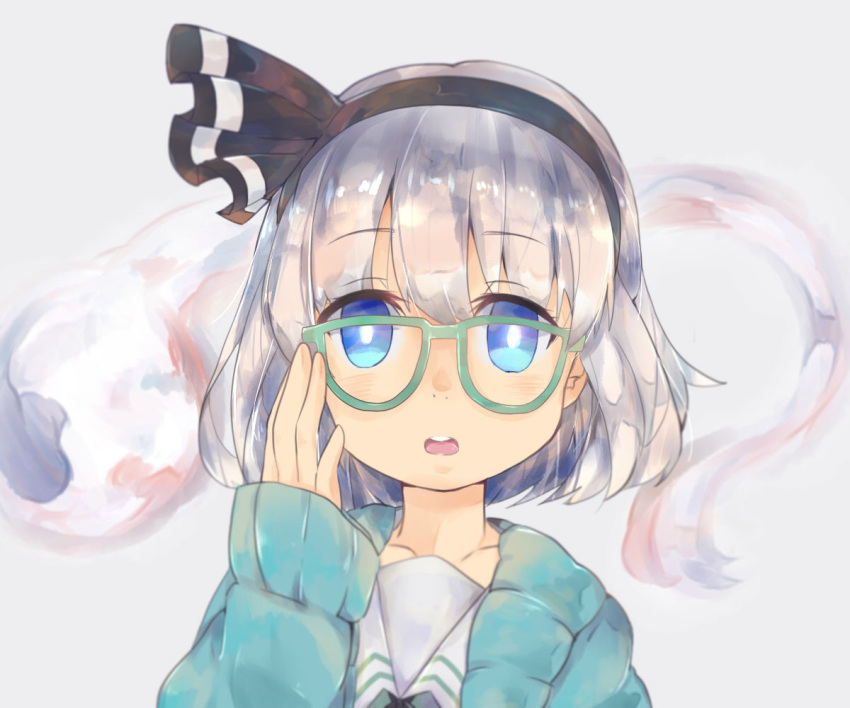 1girl, bespectacled, blue_eyes, coat, collarbone, ears, face, glasses, grey_background, grey_hair, hairband, konpaku_youmu, konpaku_youmu_(ghost), kyoukai_no_kanata, parted_lips, short_hair, simple_background, solo, suguharu86, touhou