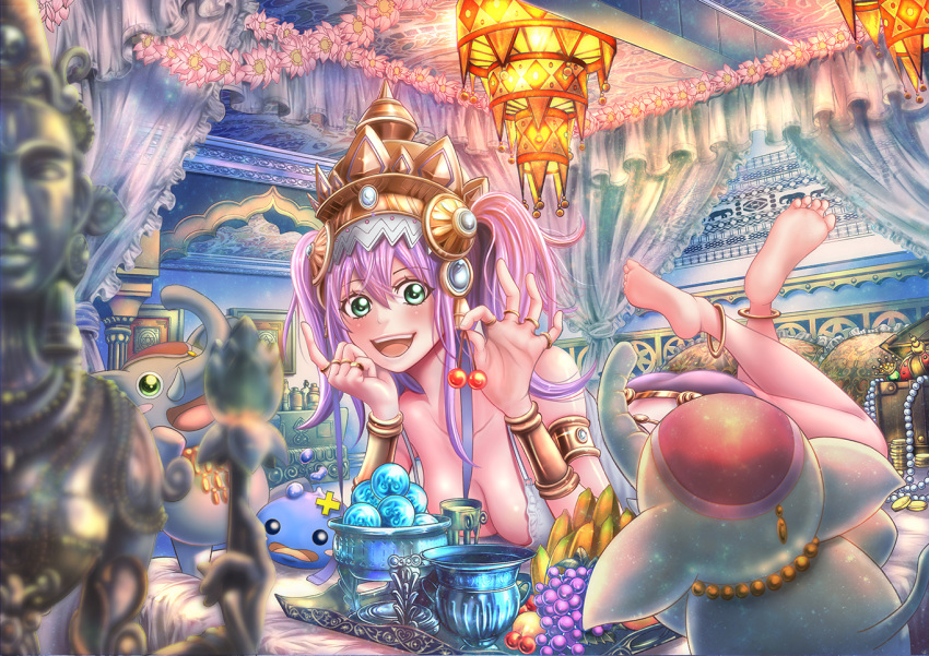 1girl, :d, anklet, banana, bare_shoulders, barefoot, breasts, bubblie_(p&amp;d), cherry, cleavage, crown, elephant, feet, food, fruit, grapes, green_eyes, jewelry, lakshmi_(p&amp;d), lying, open_mouth, purple_hair, puzzle_&amp;_dragons, ring, sho_(shoichi-kokubun), smile, soles