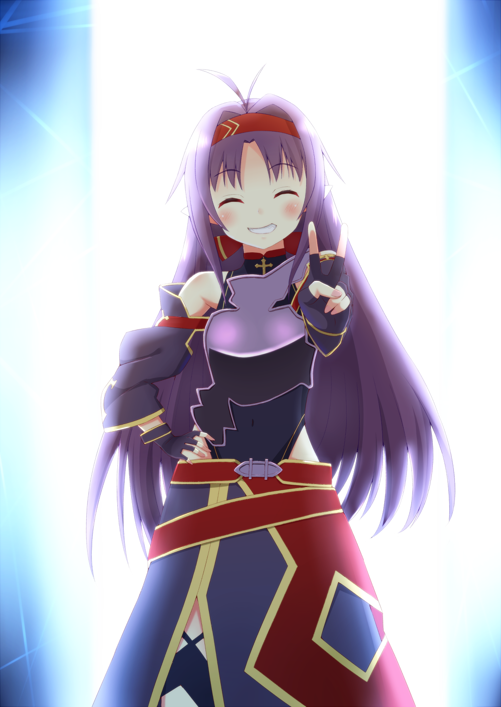 1girl, breastplate, closed_eyes, detached_sleeves, fingerless_gloves, gloves, grin, hairband