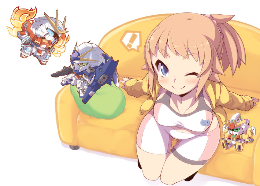 !, 1girl, beam_rifle, bike_shorts, blue_eyes, blush, breasts, build_burning_gundam