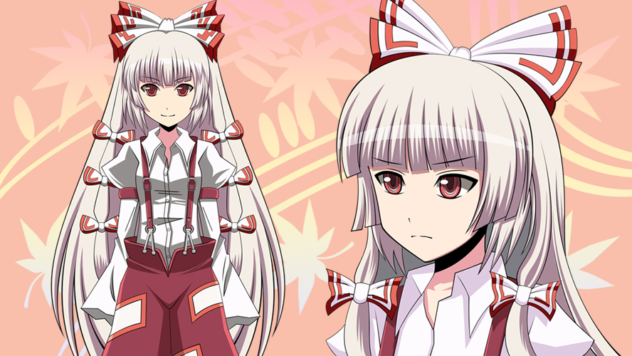 1girl, collared_shirt, fujiwara_no_mokou, hair_ribbon, hime_cut, long_hair, overalls, red_eyes, ribbon, serious, smile, solo, tokuninaidesu, touhou, very_long_hair, white_hair