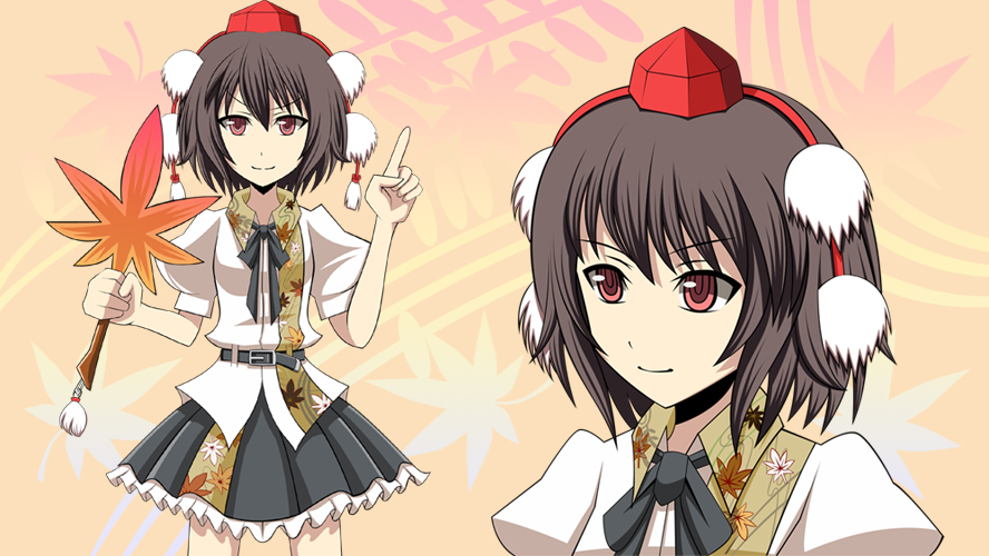 >:), belt, brown_hair, feather_fan, hat, index_finger_raised, miniskirt, red_eyes