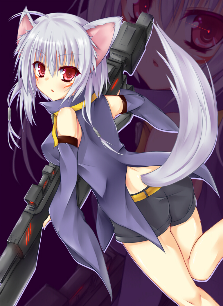 1girl, animal_ears, antenna_hair, carrying, ero-god, gun, looking_at_viewer, original