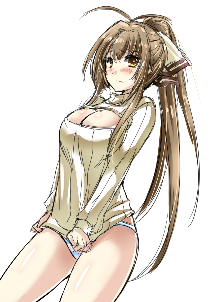 1girl, alternate_costume, amagi_brilliant_park, antenna_hair, blush, breasts, brown_hair, cleavage