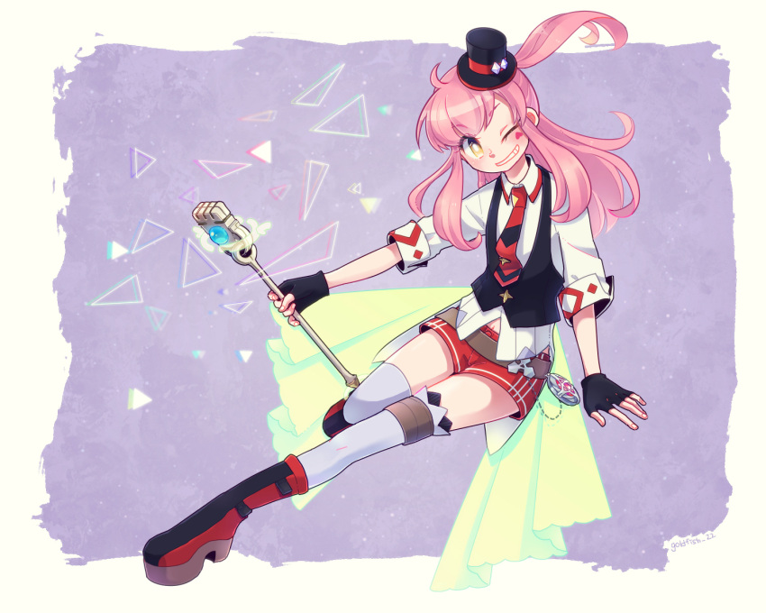 1girl, belt, facial_mark, fingerless_gloves, gloves, grin, hat, highres