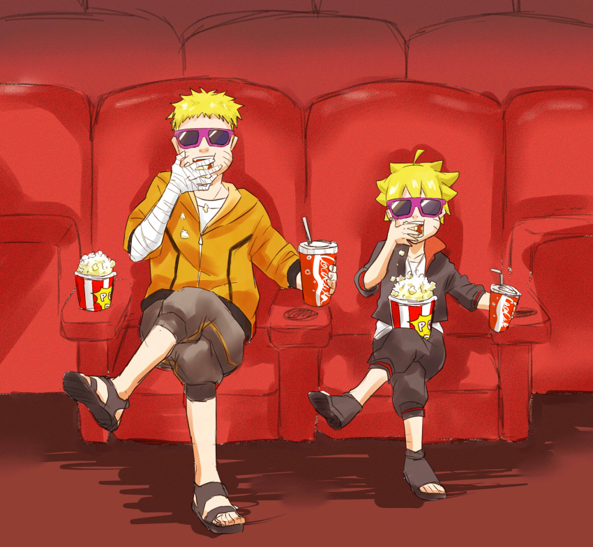 2boys, 3d_glasses, bandaged_arm, blonde_hair, coca-cola, drinking_straw, eating, facial_mark