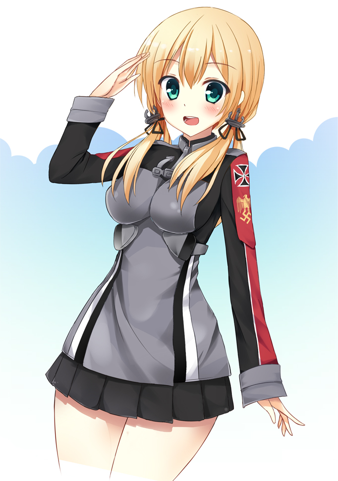 1girl, :d, anchor_hair_ornament, black_skirt, blonde_hair, blush, breasts, cowboy_shot