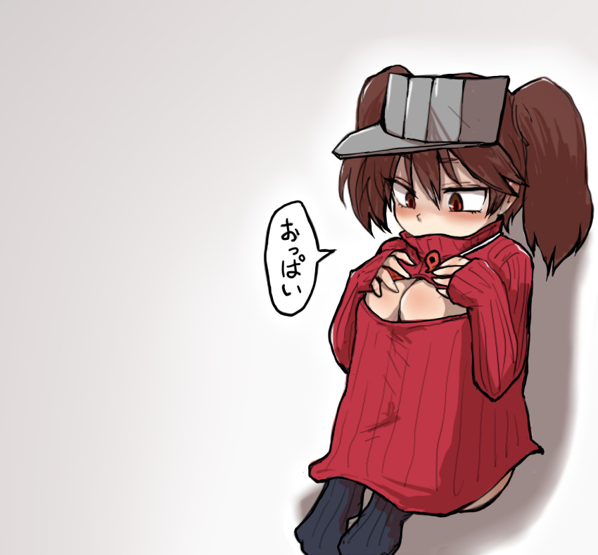 1girl, black_legwear, blush, breast_conscious, breast_press, brown_hair, cleavage_cutout, flat_chest