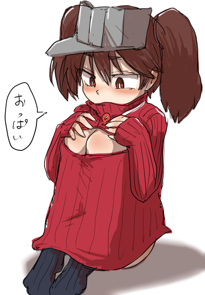 1girl, black_legwear, blush, breast_conscious, breast_press, brown_hair, cleavage_cutout, flat_chest