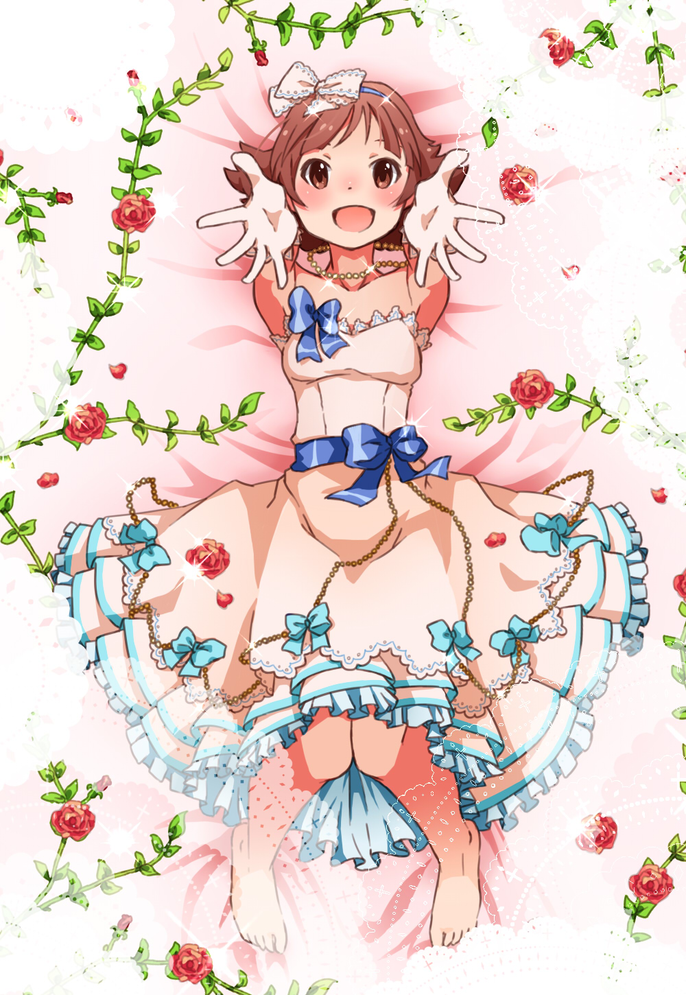1girl, bare_shoulders, barefoot, brown_eyes, brown_hair, dress, flower, gloves