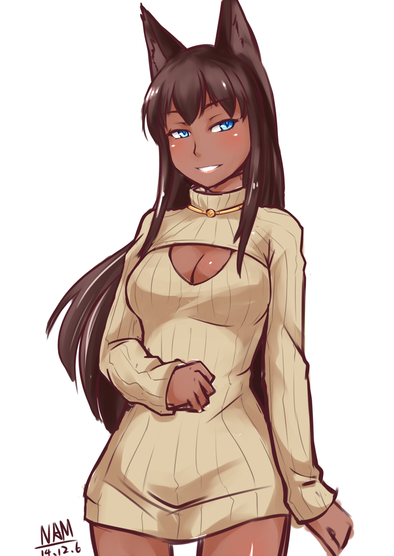 1girl, animal_ears, black_hair, blue_eyes, breasts, choker, cleavage, cleavage_cutout