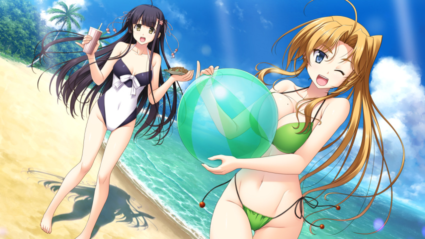 2girls, ball, beach, beachball, bikini, black_hair, blonde_hair, blue_eyes, breasts, dutch_angle, game_cg, happy, kamiuta_tomoe, long_hair, looking_at_viewer, mikasa_mirai, multiple_girls, one-piece_swimsuit, one_eye_closed, open_mouth, out_vegetables, pinky_out, sasaki_tamaru, side-tie_bikini, smile, swimsuit, yakisoba, yellow_eyes