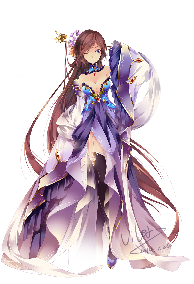 1girl, absurdly_long_hair, breasts, brown_hair, dated, detached_collar, dress, long_hair, one_eye_closed, sangokushi_ranbu, signature, solo, very_long_hair, vilor, violet_eyes, white_background