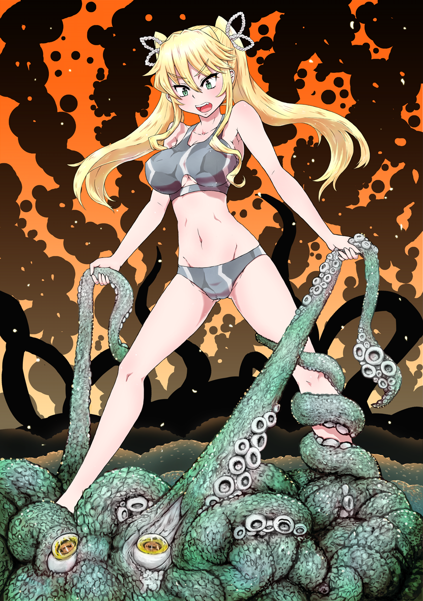 1girl, blonde_hair, breasts, cthulhu, doujinshi, fang, green_eyes, hair_ornament, large_breasts, long_hair, nekotarou, sports_bra, tentacles, twintails, underboob_cutout