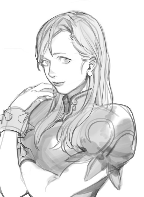 1girl, china_dress, chinese_clothes, chun-li, earrings, gg_(s2leona), greyscale, hair_down