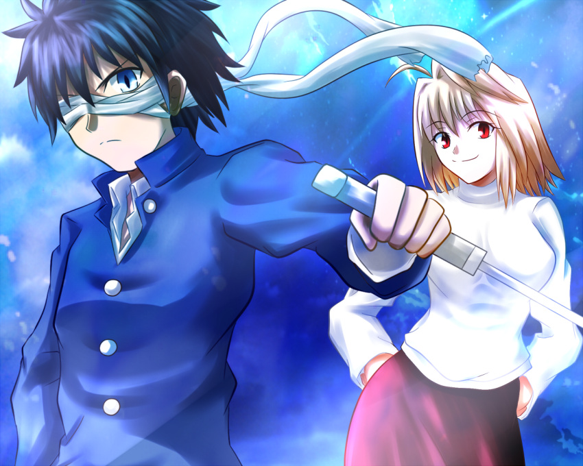 1boy, 1girl, arcueid_brunestud, bandages, black_hair, blonde_hair, blue_eyes, gakuran