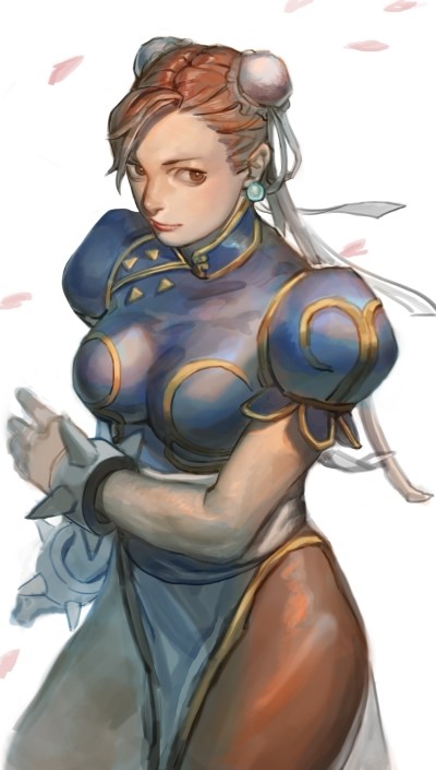1girl, bracelet, breasts, brown_eyes, brown_hair, brown_legwear, bun_cover, china_dress, chinese_clothes, chun-li, cowboy_shot, double_bun, dress, earrings, gg_(s2leona), jewelry, lips, nose, pantyhose, petals, short_hair, solo, spiked_bracelet, spikes, street_fighter