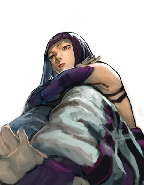 1girl, baggy_pants, bangs, barefoot, black_hair, blunt_bangs, detached_sleeves, feet
