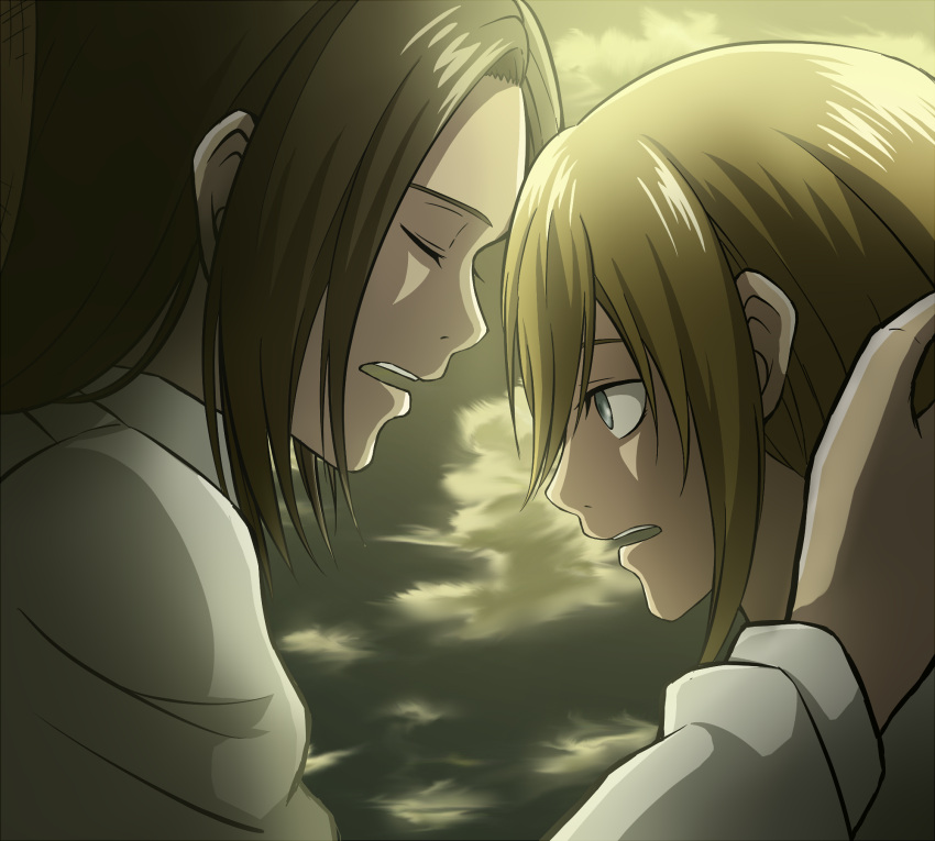 blonde_hair, brown_hair, christa_renz, fake_screenshot, forehead-to-forehead, frieda_reiss, highres, odoro_(tebukurousagi)