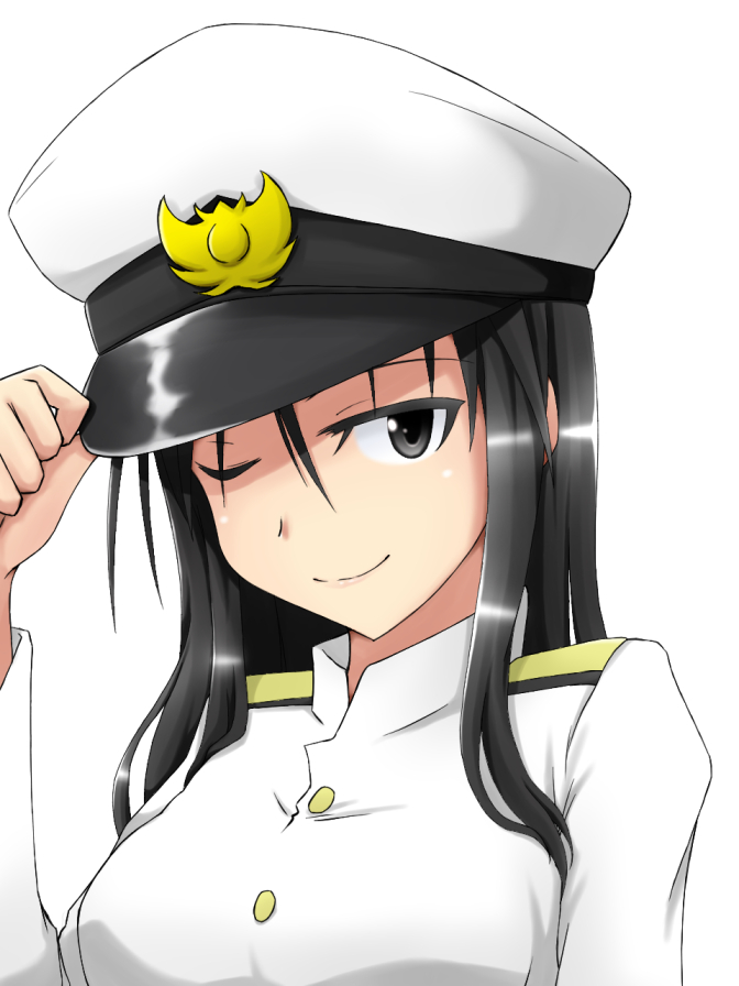 1girl, ;), black_eyes, black_hair, hand_on_headwear, hat, isosceles_triangle_(xyzxyzxyz), long_hair