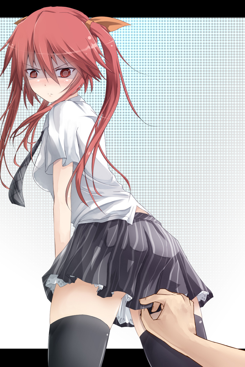 1girl, black_legwear, blush, cowboy_shot, from_behind, hair_ribbon, highres, inu_(mezonsidepark), letterboxed, long_hair, looking_back, necktie, original, red_eyes, redhead, ribbon, shaded_face, skirt, solo, thigh-highs, tsurime, twintails, zettai_ryouiki