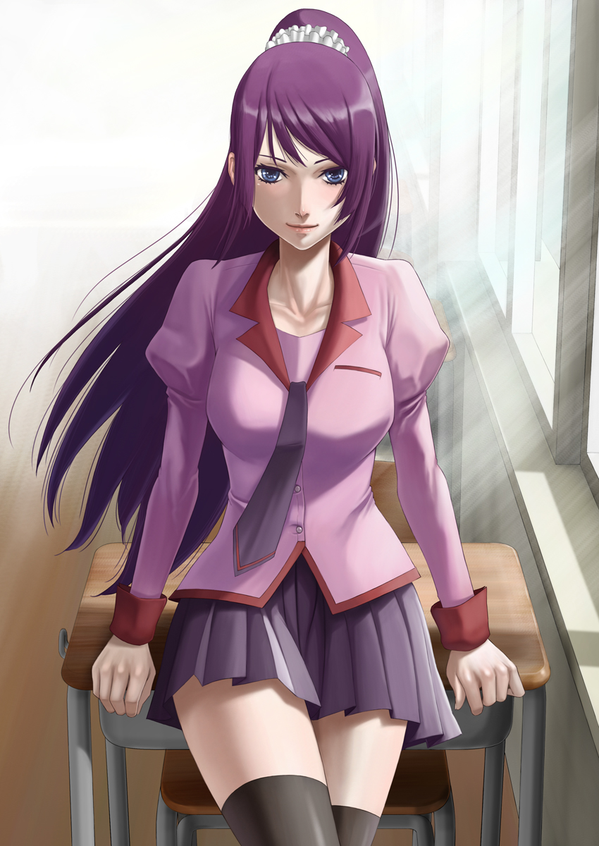 blue_eyes, collarbone, desk, highres, monogatari_(series), necktie, ponytail, purple_hair