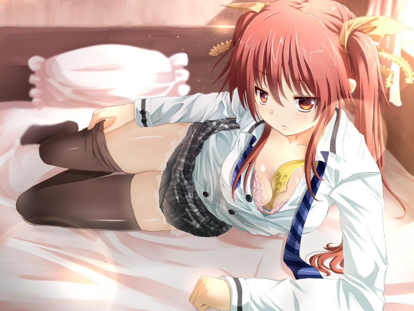 1girl, banana, between_breasts, black_legwear, blush, brown_eyes, downblouse, food