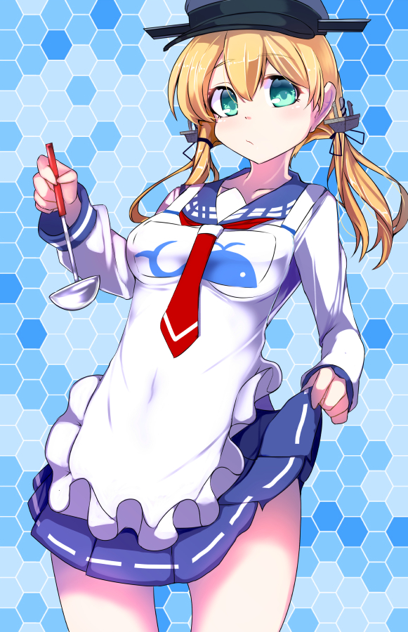 1girl, anchor_hair_ornament, aqua_eyes, black_ribbon, blonde_hair, blue_background, blue_skirt, blush