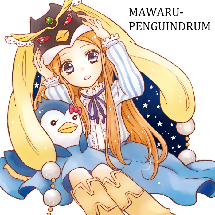 1girl, adjusting_clothes, adjusting_hat, animal_hat, bird, blue_eyes, bow, brown_hair, copyright_name, hat, long_hair, looking_at_viewer, mawaru_penguindrum, open_mouth, penguin, penguin_3-gou, penguin_hat, simple_background, sitting, star, takakura_himari, very_long_hair, waka_(merryfishes), white_background