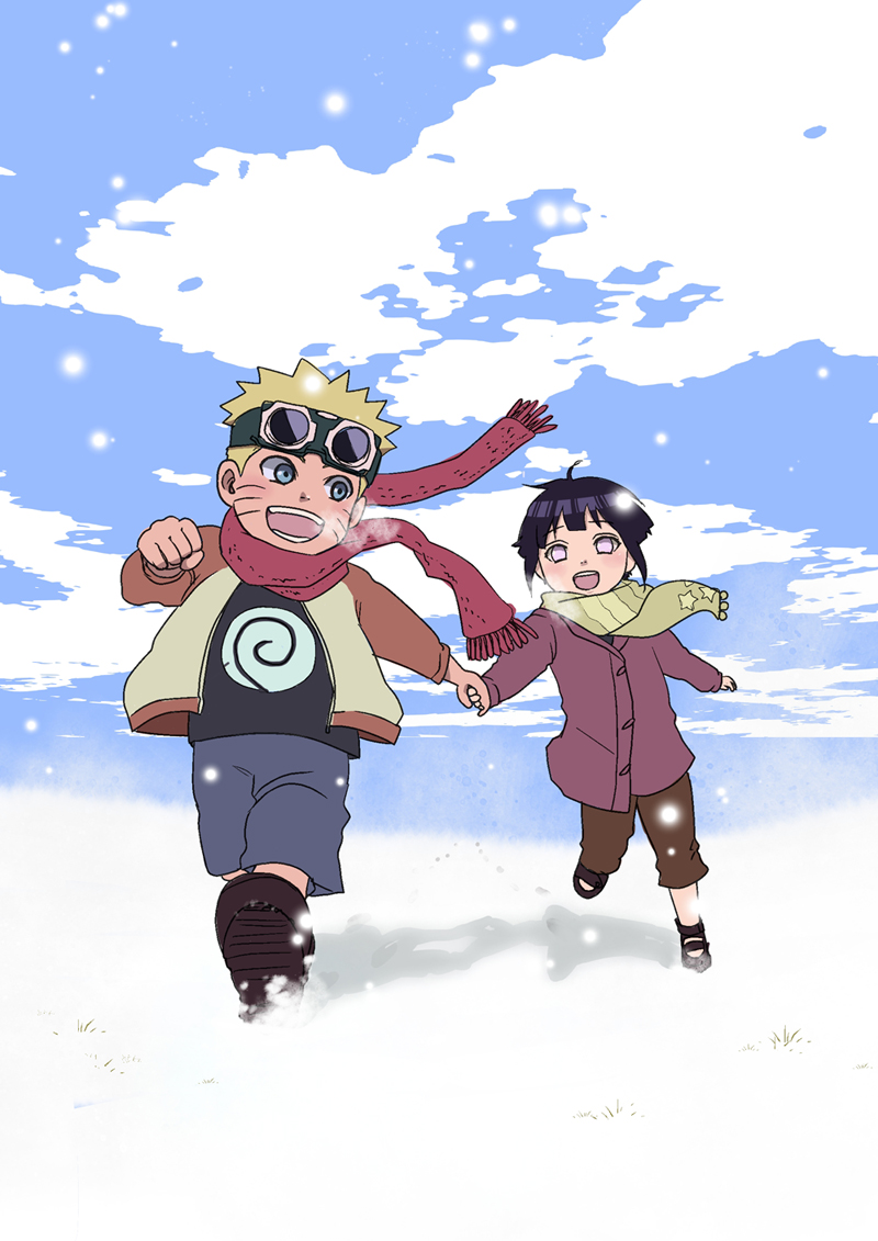 1boy, 1girl, bad_id, bad_pixiv_id, black_hair, blonde_hair, blue_eyes, child, goggles, goggles_on_head, holding_hands, hyuuga_hinata, lavender_eyes, long_hair, naruto:_the_last, naruto_(series), rabaro, running, scarf, short_hair, snow, spoilers, uzumaki_naruto, younger