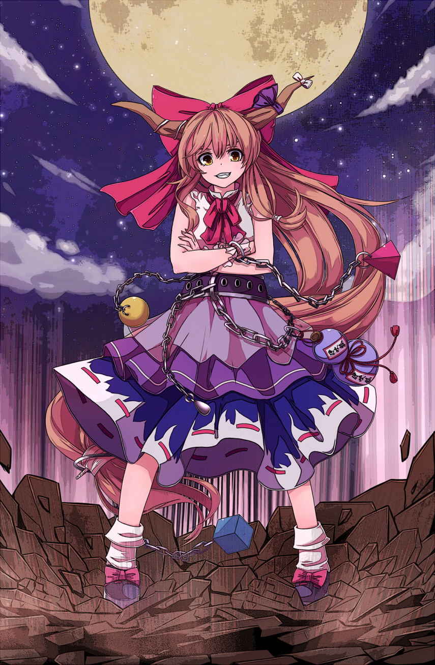 1girl, belt, bobby_socks, bow, brown_hair, chain, clouds, crossed_arms