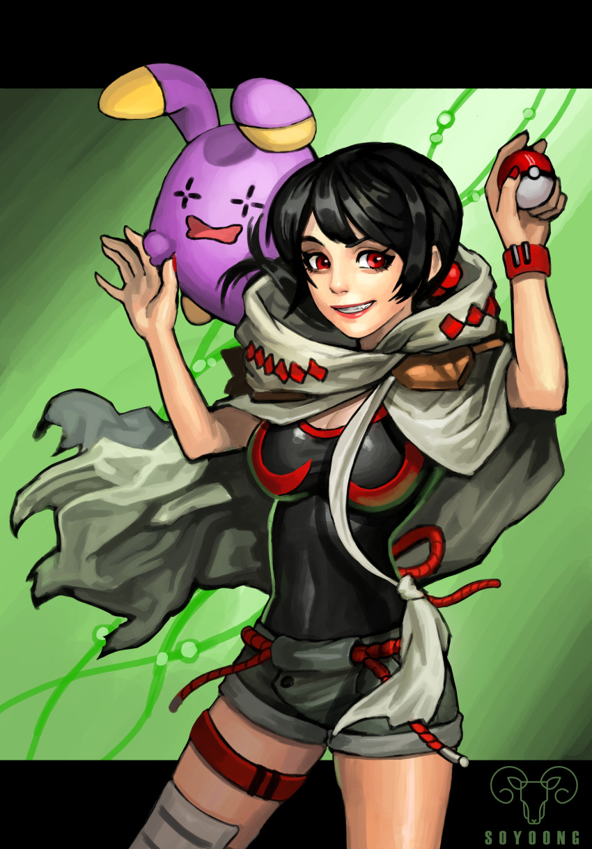 1girl, absurdres, black_hair, breasts, cloak, grin, higana_(pokemon), highres
