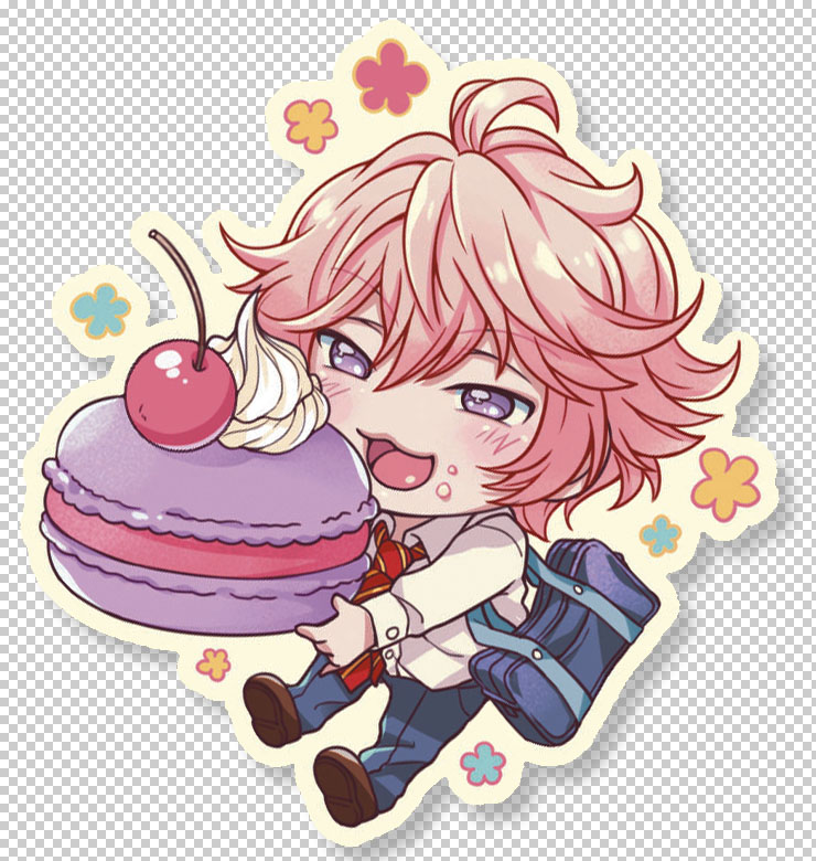 1boy, :3, bag, chibi, chumumu, fake_transparent_background, food, food_on_face, free!, macaron, male, miniboy, multiple_boys, necktie, open_mouth, pink_hair, school_uniform, shigino_kisumi, short_hair, smile, solo, violet_eyes