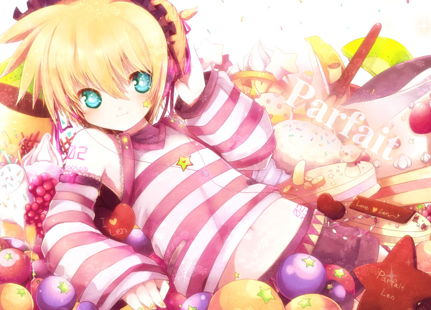 androgynous, aqua_eyes, bad_id, blonde_hair, blueberry, cake, candy, casual