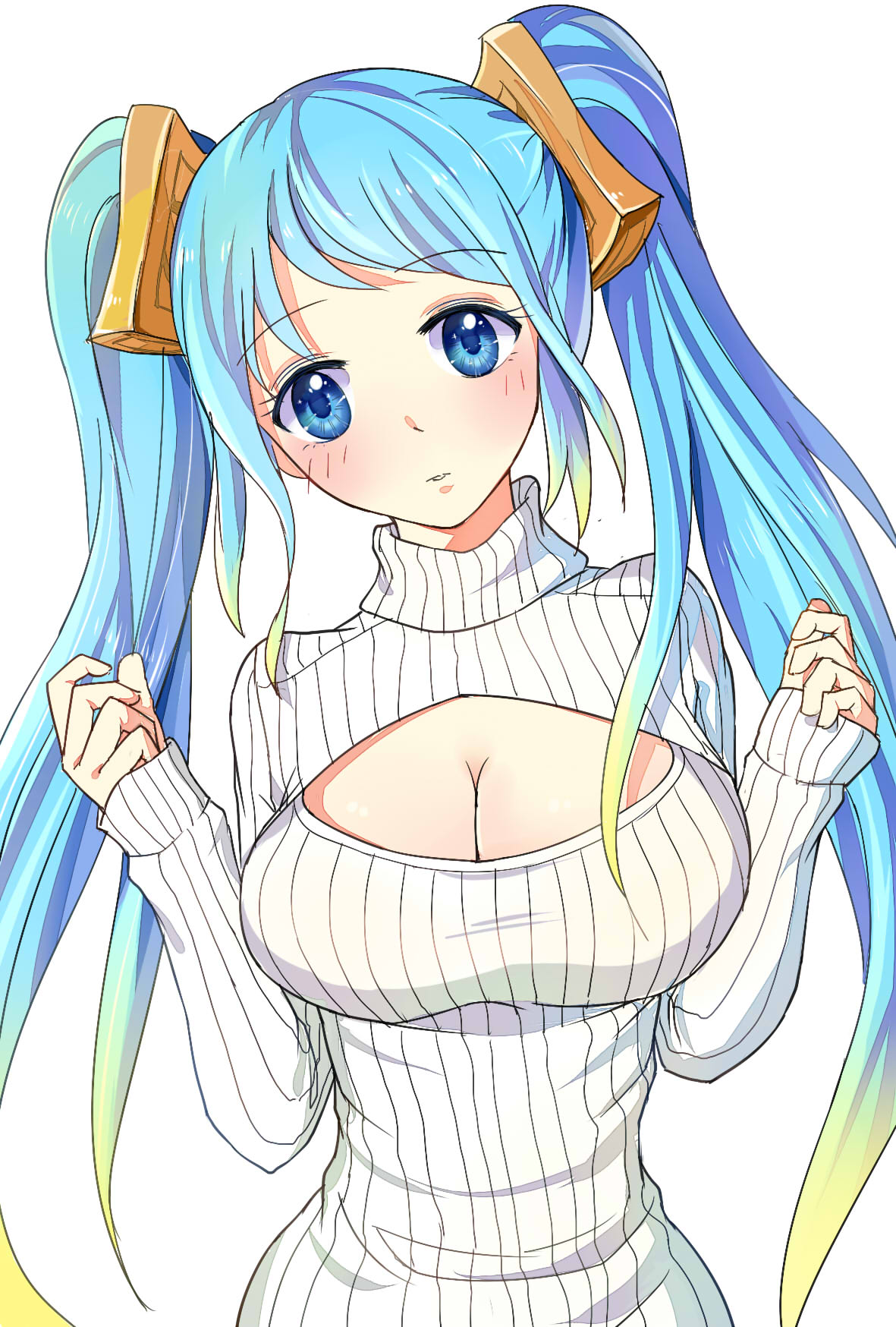 1girl, amiemie, blonde_hair, blue_eyes, blue_hair, blush, breasts, cleavage, cleavage_cutout, gradient_hair, highres, large_breasts, league_of_legends, long_hair, looking_at_viewer, multicolored_hair, open-chest_sweater, ribbed_sweater, simple_background, solo, sona_buvelle, sweater, turtleneck, twintails, white_background