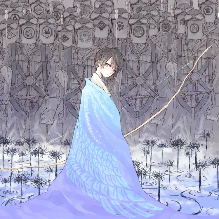 1girl, 6+boys, armor, arrow, bird_print, black_eyes, black_hair, bow_(weapon)