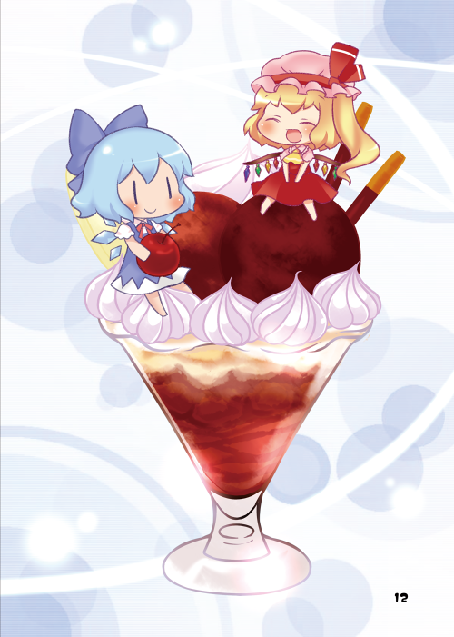 2girls, ^_^, ascot, blonde_hair, blue_hair, bow, cherry, chibi