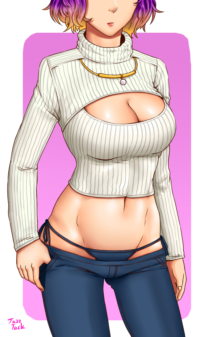 1girl, bikini_jeans, blonde_hair, breasts, cleavage, cleavage_cutout, denim, gradient_hair, jazzjack, jeans, jewelry, lowleg, lowleg_pants, multicolored_hair, navel, necklace, open-chest_sweater, original, pants, pink_hair, ribbed_sweater, solo, sweater, turtleneck, underwear