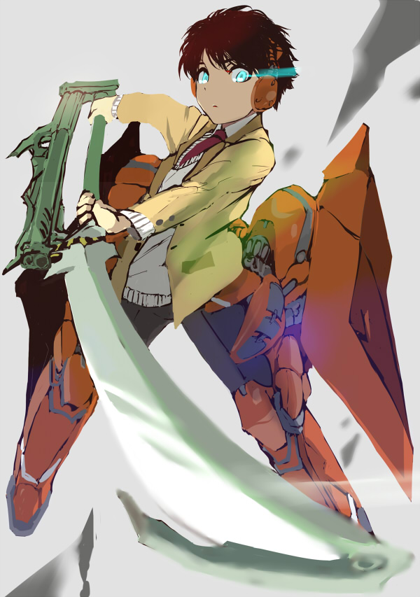 aldnoah.zero, brown_hair, glowing, glowing_eyes, kaizuka_inaho, mechanical_parts, necktie, school_uniform